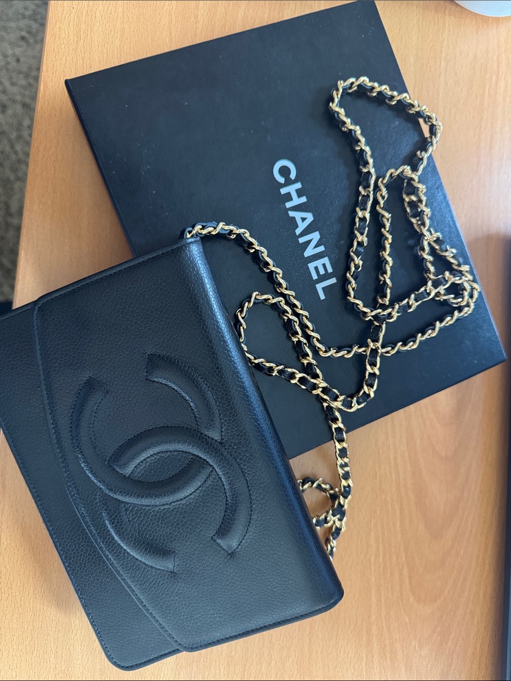 PERFECT VINTAGE Never used CHANEL Black Leather Crossbody with Gold Chain.